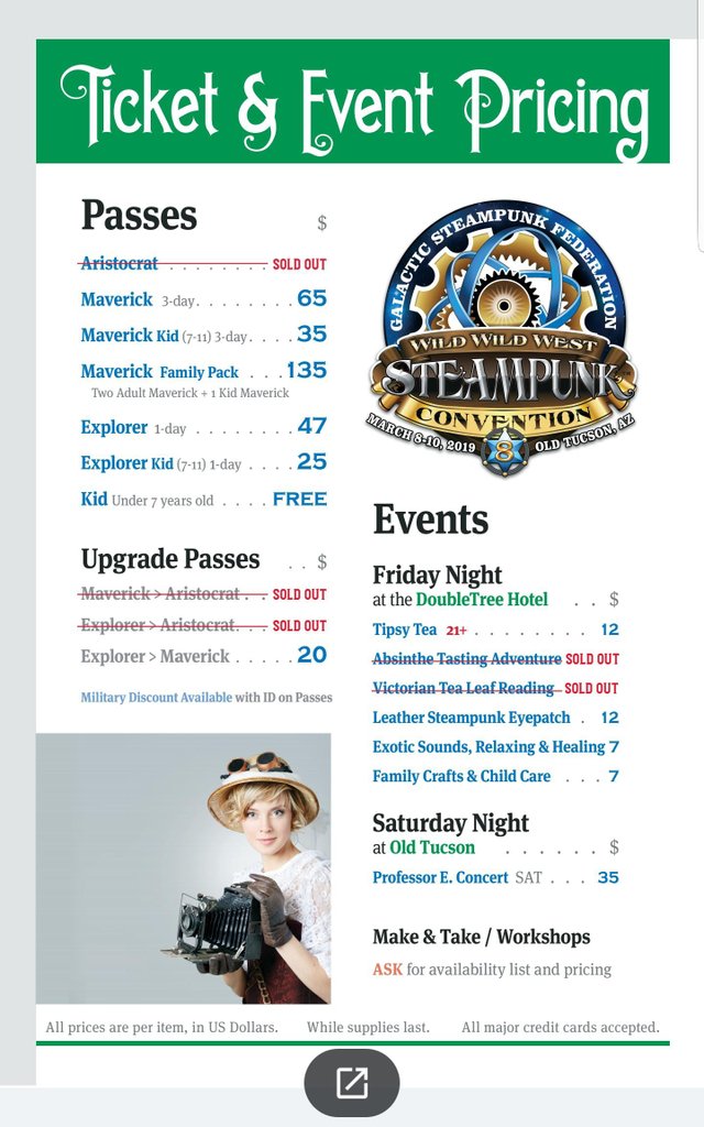 wildwildwestcon's tweet photo. It's ALMOST here!
If you would like to make any last minute purchases for events, concert tickets or for family joining you last minute, here are our door prices. We're so excited to welcome you back!
#wwwc8 #wildwildwestcon #GalacticSteampunkFederation #SteampunksInSpace https://t.co/dwMXdb5zua