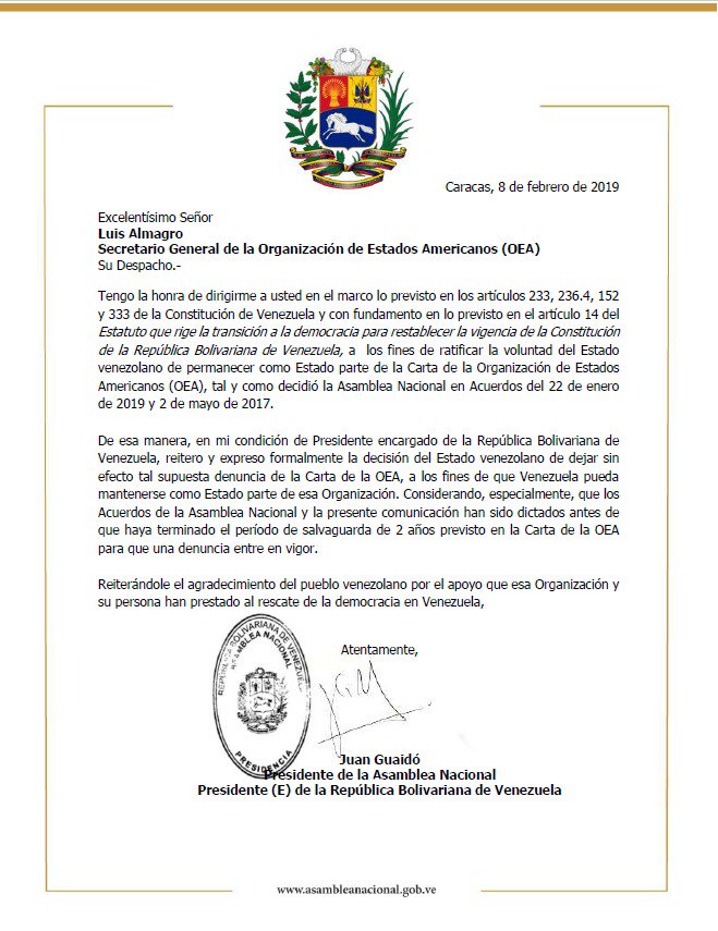 Almagro_OEA2015's tweet photo. Recibimos la solicitud del Presidente (e) @jguaido de dejar sin efecto el pedido de retiro de #Venezuela de @OEA_oficial realizado por su predecesor.
Damos conformidad a lo solicitado x el Presidente. Vemos con beneplácito la permanencia del país en la Organización #OEAconVzla https://t.co/0KewhUGPXs