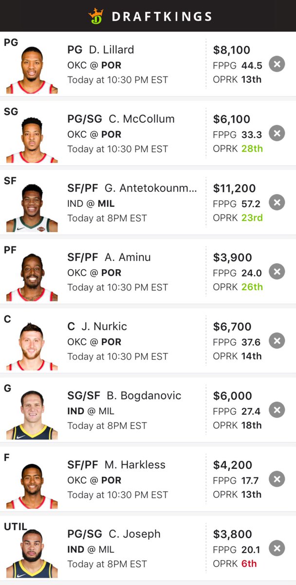 FreeNightly's tweet image. Lineup for tonight! Let’s make it 2 in a row. Give this a like if you’re using! #Draftkings #lineups