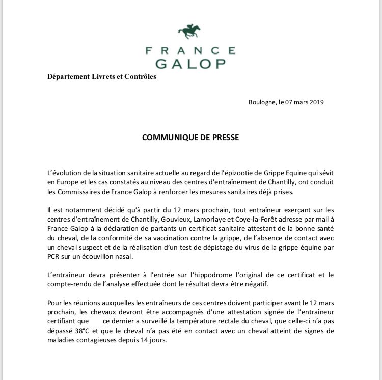 #grippe A partir du mardi 12 mars, certificat de bonne santé exigé pour les galopeurs en France pour endiguer l’épizootie de grippe équine.