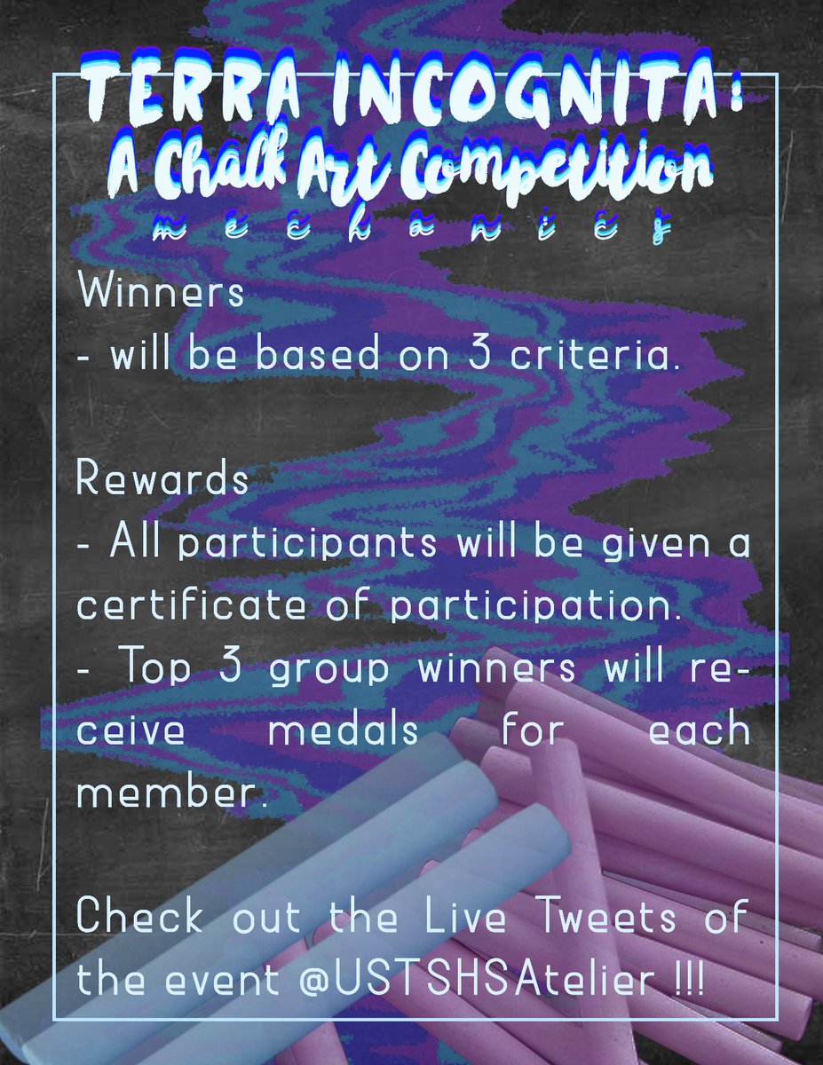 USTSHSAtelier's tweet photo. Let's fill the streets with your colorful creations. It's time to unleash your imagination. Join Atelier's #TERRAChalkArtCompetition ✨

Pre-register now:
INDIVIDUAL - https://t.co/OtahD8ez9w
TEAM - https://t.co/lr5QtMarWB

#AteliernateReality
#CreateWithAtelier
#Excelsior2019 💪 https://t.co/LlIbgLxZqB