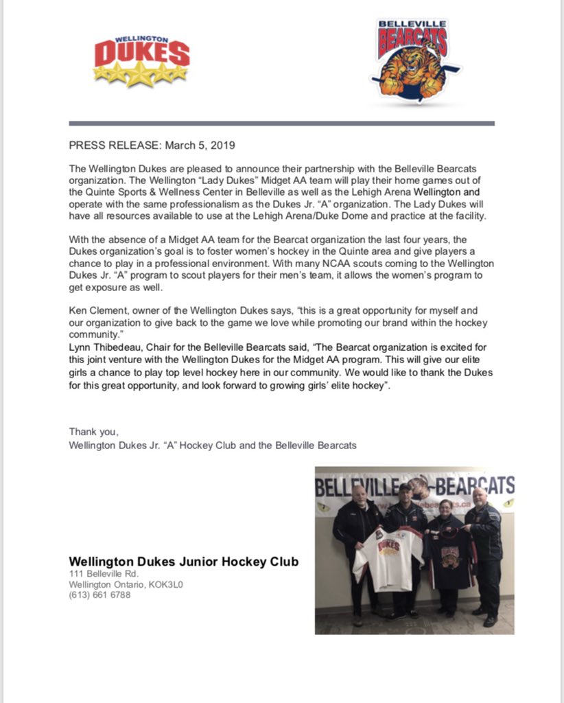 Wellington Dukes continue to grow their brand with partnership with Belleville Bearcats
