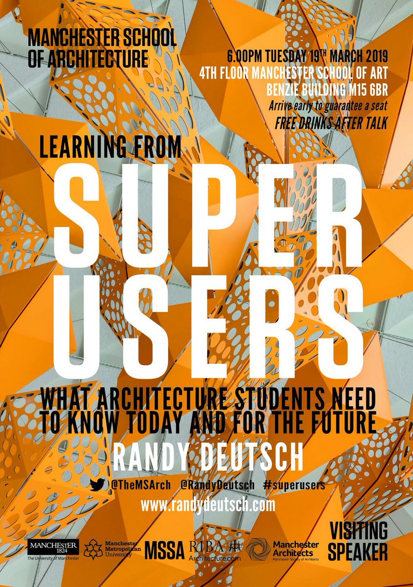 I so hope this public lecture by <a href="/randydeutsch/">Randy Deutsch</a> is being recorded &amp; easily + widely available afterwards.  Well done @robjhyde + <a href="/TheMSArch/">The MSA</a> for inviting &amp; hosting, to <a href="/RIBA/">Royal Institute of British Architects</a> <a href="/The_MSA/">Maxwell Azubuike</a>, <a href="/OfficialUoM/">The University of Manchester</a> &amp; <a href="/ManMetUni/">Manchester Metropolitan Uni</a> + others for supporting Learning From #superusers.