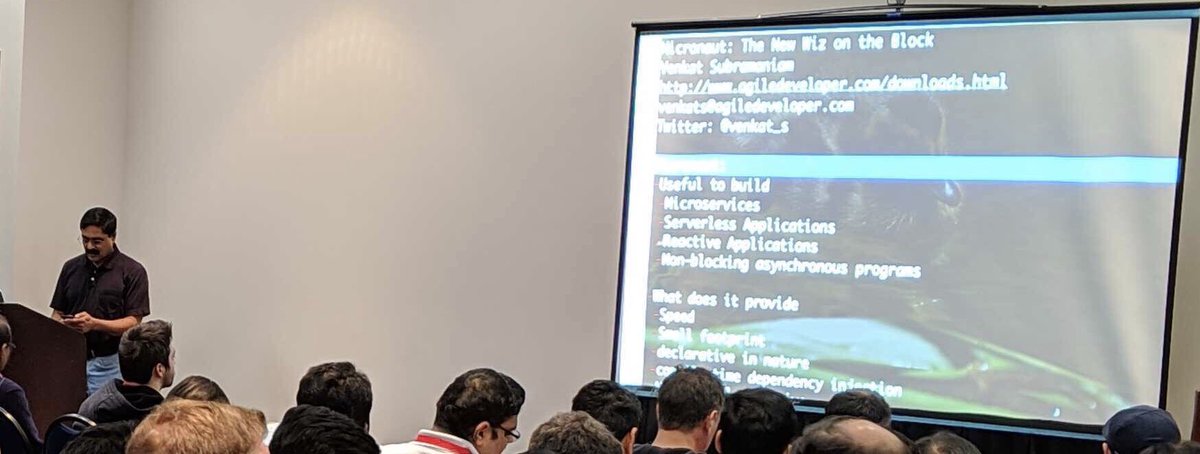 ScottPinkert's tweet image. Looking forward to learning about Micronaut at #NFJS this weekend!  RT @micronautfw: Micronaut: The New Wiz on the Block talk delivered by the one and only @venkat_s has standing room only! #micronautfw #microservices #devnexus
