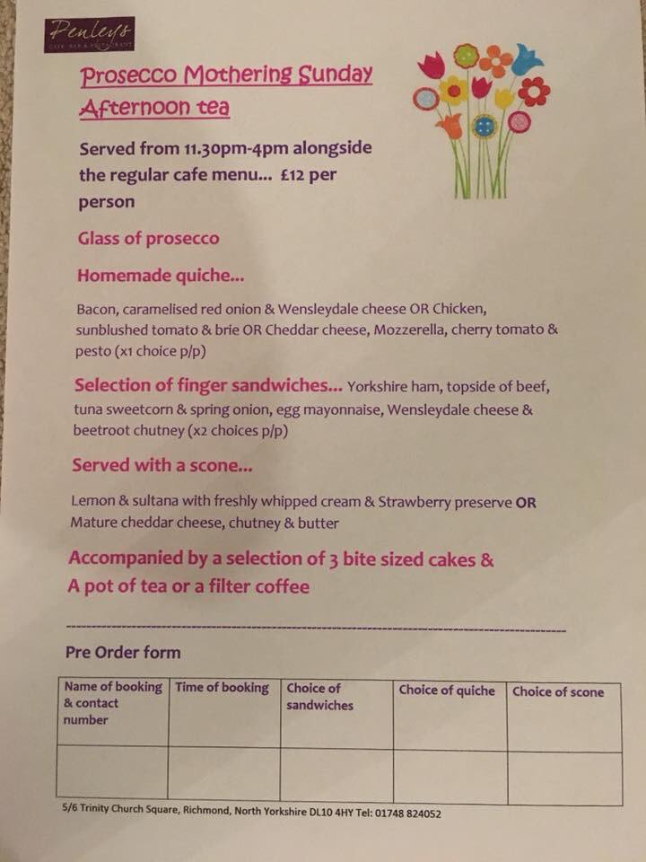 penleyscafe_bis's tweet photo. MORHERS DAY 2019 ..... 💐🌷🌺
31st March 
@ Penleys we are serving a Prosecco afternoon tea for £12 p/p... take a look at our menu below.. 

🌸🌸🌸please note this menu is for bookings only, however our regular cafe menu will be available as normal🌸🌸🌸 https://t.co/TqhqcRUtZ3