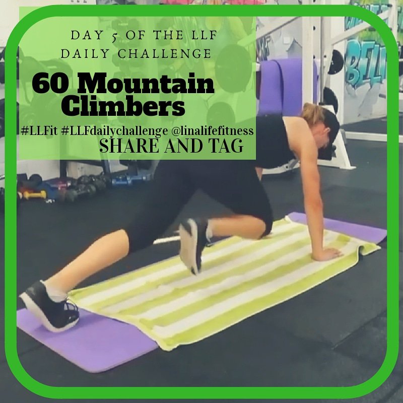 HalinaPrice's tweet photo. DAY 5 of the Daily Challenge.
Please tag + share to encourage others to get involved.
Today's challenge is 60 Mountain Climbers.
You can do all of them at once or break it up throughout the day. 
E.g. 10 one hour, 10 the next etc.
#LLFit #LLFdailychallenge @linalifefitness https://t.co/q0Tb5EmP4s