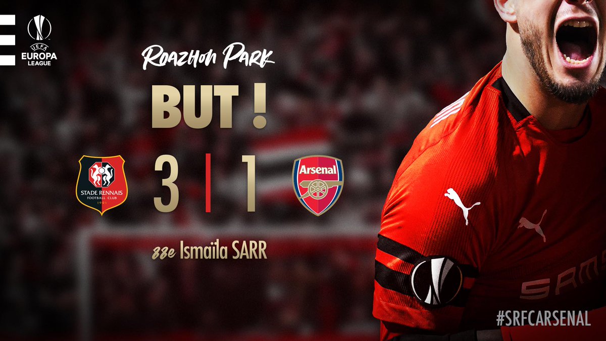 88e. GOOOOAAAALLL ! À la réception d'un excellent centre de James Lea-Siliki, Ismaïla Sarr place une tête imparable ! Quel contre mené par les Rennais (3-1) #SRFCArsenal