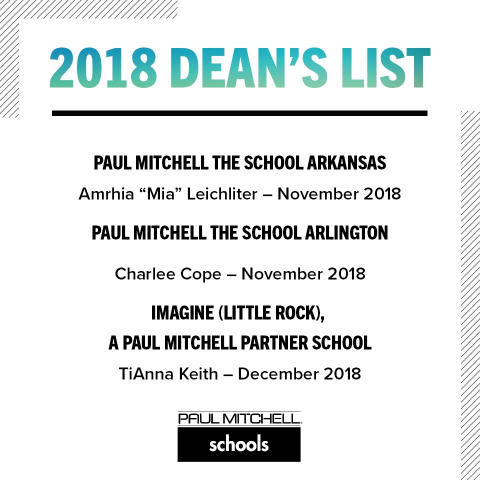 WinnClaybaugh's tweet photo. Congratulations to our newest #DeansList recipients at @PaulMitchellEdu Schools! It takes a LOT of hard work to achieve this goal! Well done, everyone! @PMTSArkansas @PMTSArlington @paulmitchellLR @PMTSCharlotte @PMTSCHICAGO @pmtsfarmington @rkacademy https://t.co/zC0oDHbp6H