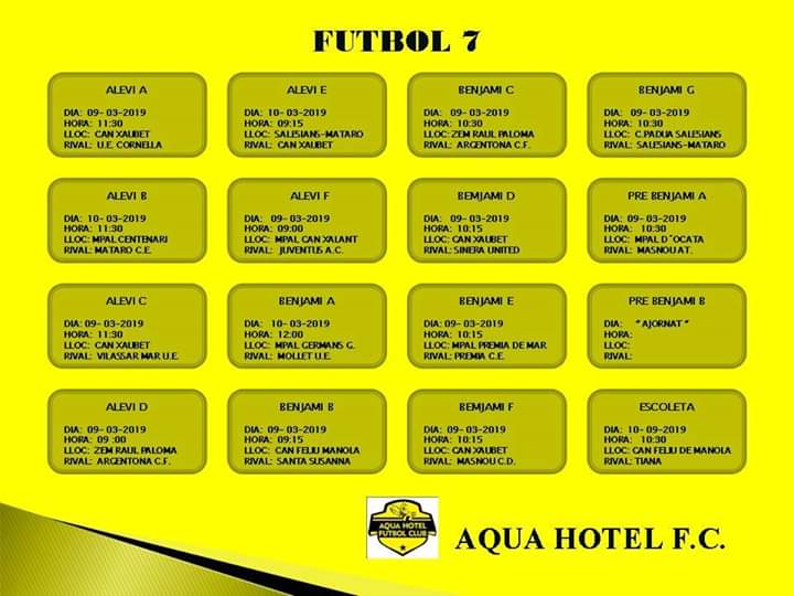 AQUAHOTELFC's tweet photo. 📆⏰ 🔝🔝🐝⚽ Horaris 📋.
Partits Cap de Setmana 09 i 10 de Març !!!
@AQUAHOTELFC @aquahotel @pinedademar @RadioPinedaFM #CanXaubet #CanFeliuManola #futbolbase #escoleta #granprojecte https://t.co/jBuZgQb7NQ