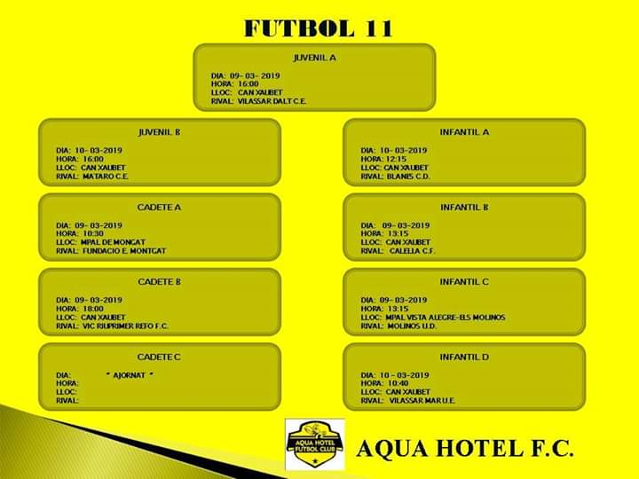 AQUAHOTELFC's tweet photo. 📆⏰ 🔝🔝🐝⚽ Horaris 📋.
Partits Cap de Setmana 09 i 10 de Març !!!
@AQUAHOTELFC @aquahotel @pinedademar @RadioPinedaFM #CanXaubet #CanFeliuManola #futbolbase #escoleta #granprojecte https://t.co/jBuZgQb7NQ
