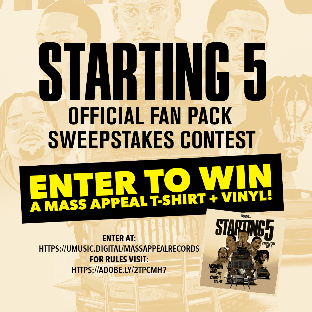 MassAppealRecs's tweet photo. Last chance to win an official #Starting5Tour Fan Pack including a #MassAppeal t-shirt & vinyl 🔥
Click HERE to enter → https://t.co/EkUQaL3k39
For rules visit: https://t.co/BrIG4crO5T https://t.co/bDOYzhsm1I