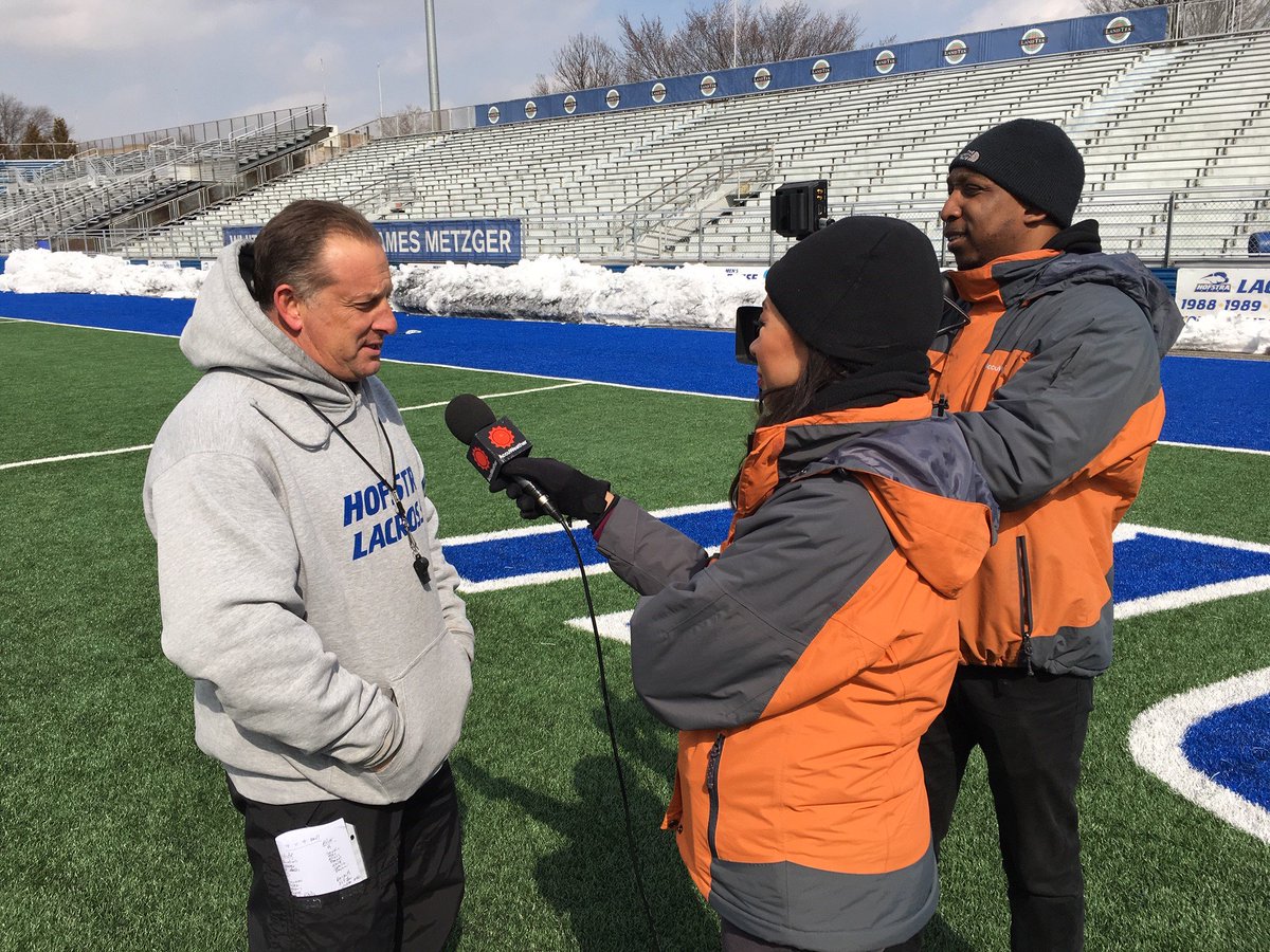HofstraMLAX's tweet photo. MLAX: When the experts in weather from @accuweather need to know what it is like to play outdoors, they come to #Hofstra to get the word. Thanks for coming out @HofstraU alum @kenanews, and @DHenryTV. Watch it live at 4 p.m. and later today. #RoarWithPride https://t.co/UyBgancxlK