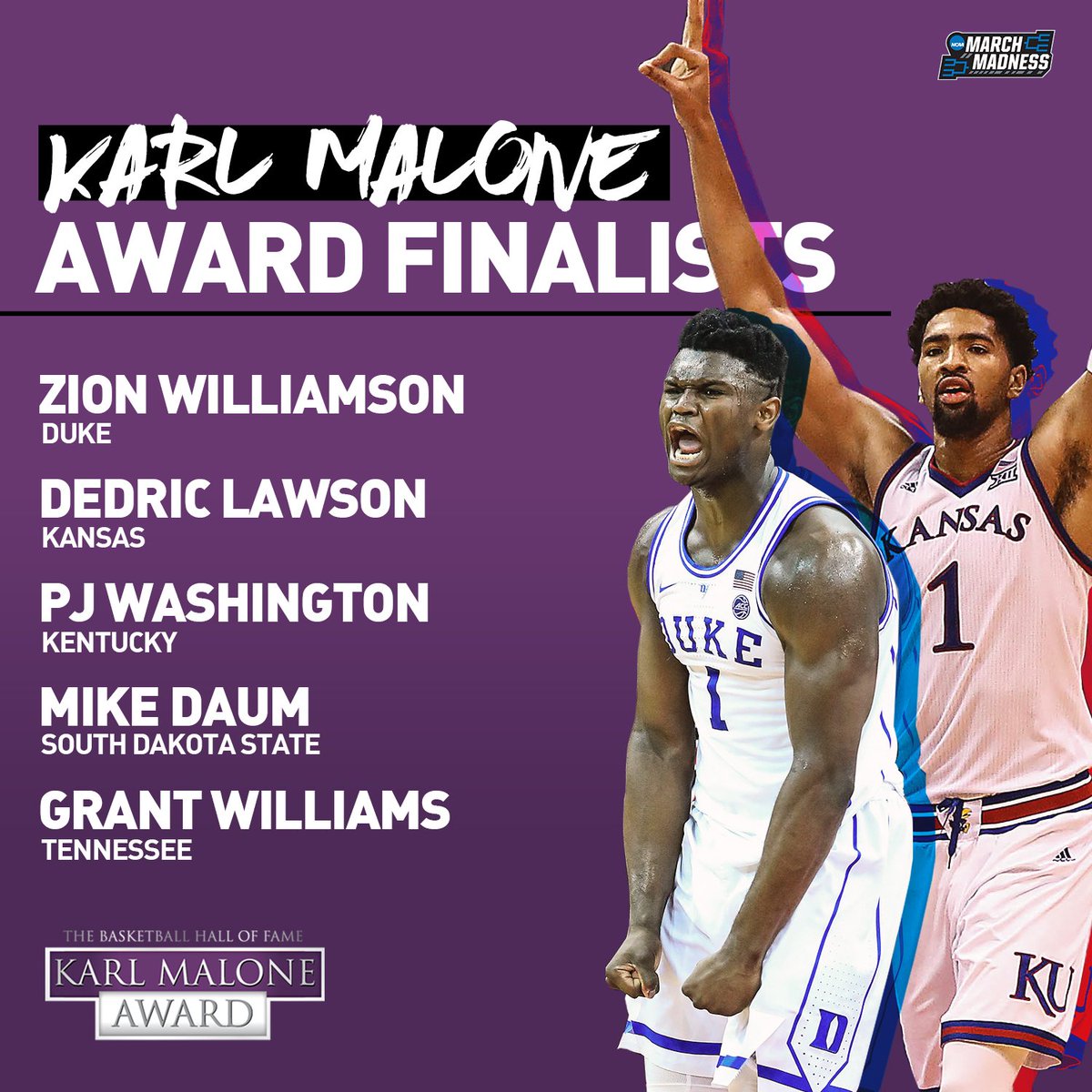 #MaloneAward Finalists:

Zion Williamson
Dedric Lawson
PJ Washington
Mike Daum
Grant Williams

Who is the top PF in the nation?
