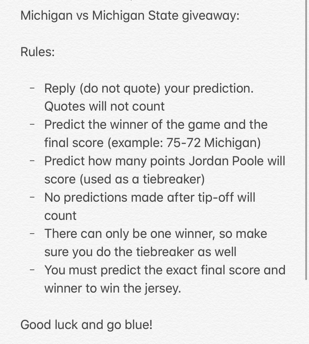 WolverineCorner's tweet image. ⚠️Michigan/Sparty giveaway⚠️

-RT this tweet

-Reply (don’t quote) with your prediction of the score and winner (example 76-72 Michigan)

Also predict how many points Poole will score (used as a tiebreaker)

If anyone guesses the exact score, they win this UM jersey!

Rules ⬇️⬇️