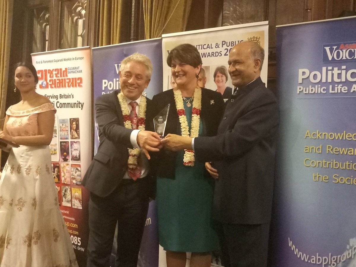 AsianVoiceNews's tweet photo. "As the leader of the #DUP we share similar values and I look forward to strengthening relations between India and Northern Ireland in coming days" says @DUPleader at the eve of #iwd2019 as she wins the politician of the year award at #AVPPL @SangeetaWaldron @Rupanjanadutta https://t.co/Zfk1ZyJBG4
