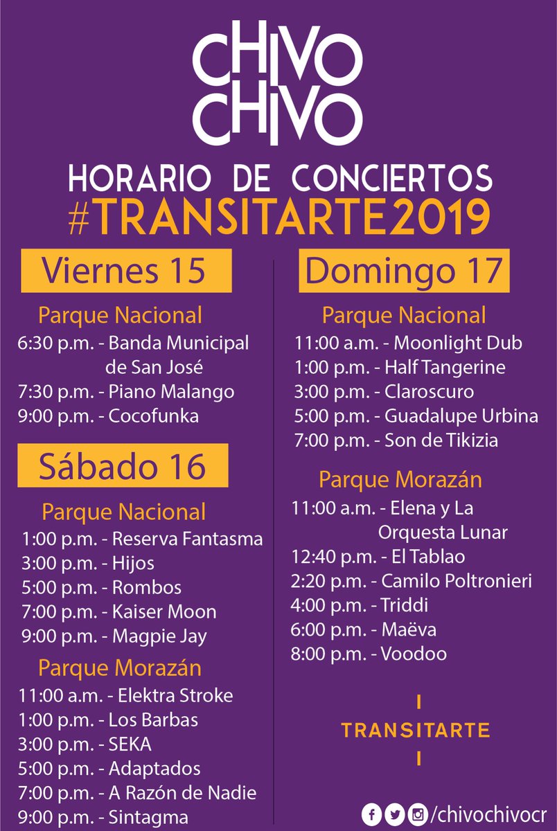 LuisdaPorras's tweet photo. Guía de conciertos del #Transitarte2019 por @chivochivocr https://t.co/gAJIQafCOn