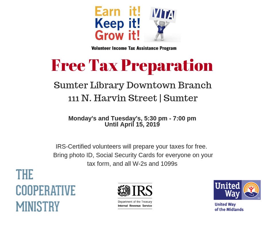 Thank you <a href="/sumtercolibrary/">SumterCountyLibrary</a> for hosting the Volunteer Income Tax Assistance (VITA) program in Sumter. Beautiful space and friendly, professional staff! A gem <a href="/theitem/">The Sumter Item</a>