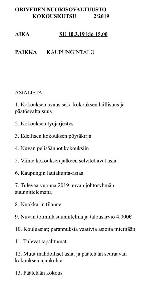Seuraava nuorisovaltuustomme kokous on sunnuntaina 10.3 kello 15:00 kaupunginhallituksen huoneessa Oriveden kaupungintalolla. Muistutamme, että kokouksemme ovat avoimia tilaisuuksia ja jokainen voi tulla seuraamaan niitä. Mukavaa tulevaa viikonloppua! 😊