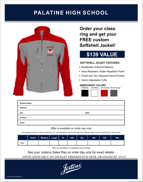 PalatineHS's tweet photo. Jostens will be here tomorrow during lunch hours in the cafe. Don’t miss the chance to win a Free PHS jacket, offer ends tomorrow, design your ring tonight at https://t.co/M1QJTmbTJC &amp; bring your form or your confirmation # to the Jostens table in the cafeteria tomorrow. https://t.co/lWJ73jFZ7s