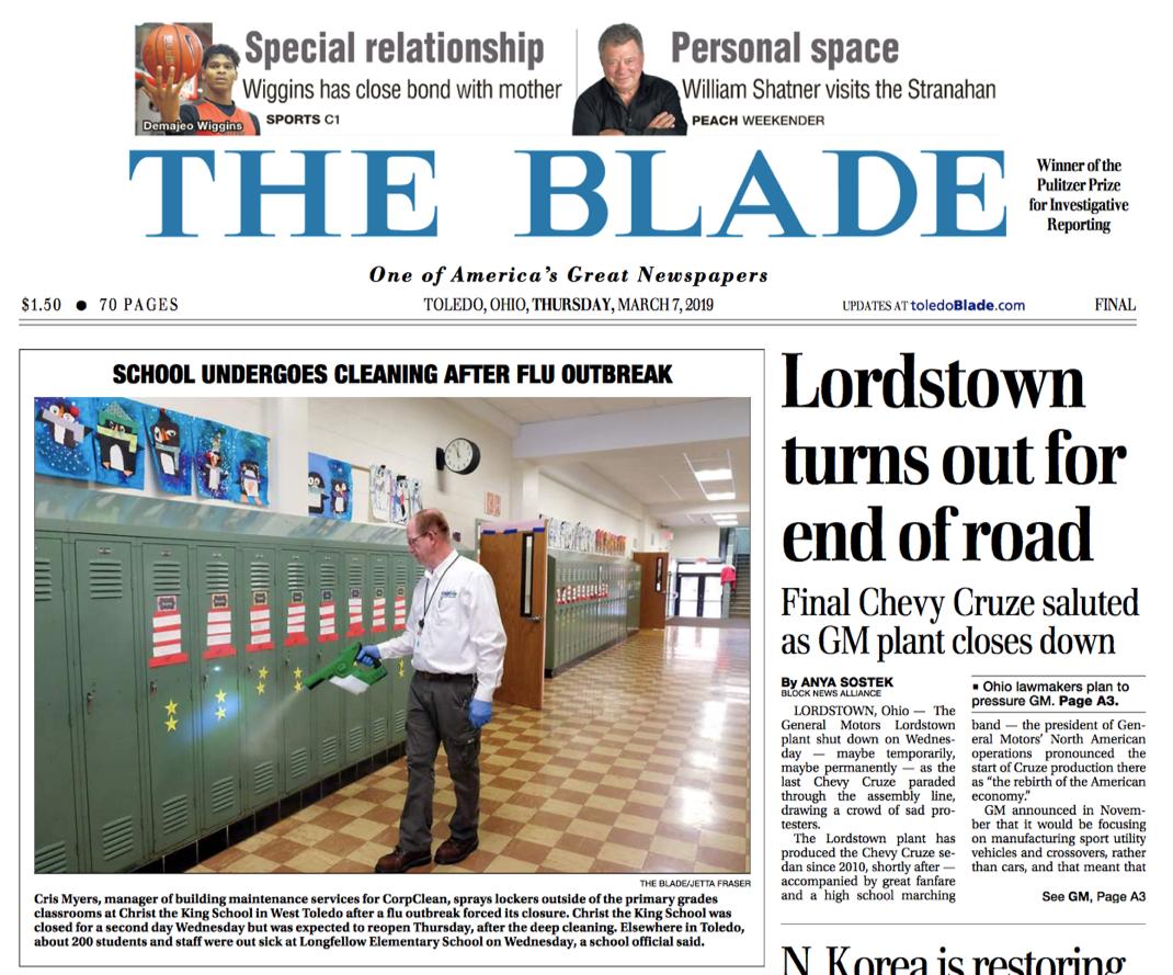 VictoryInnovCo's tweet photo. Front page of The Blade (@toledonews) newspaper today! Glad to see them using our electrostatic sprayers for better chemical coverage.
SCHOOL UNDERGOES CLEANING AFTER FLU BREAKOUT
https://t.co/tb8Ze4ibE9
#Toledo #School #Flu #CleanCorp #Germs @CDCFlu #Electrostatic #Sprayer https://t.co/pwLitMPw04