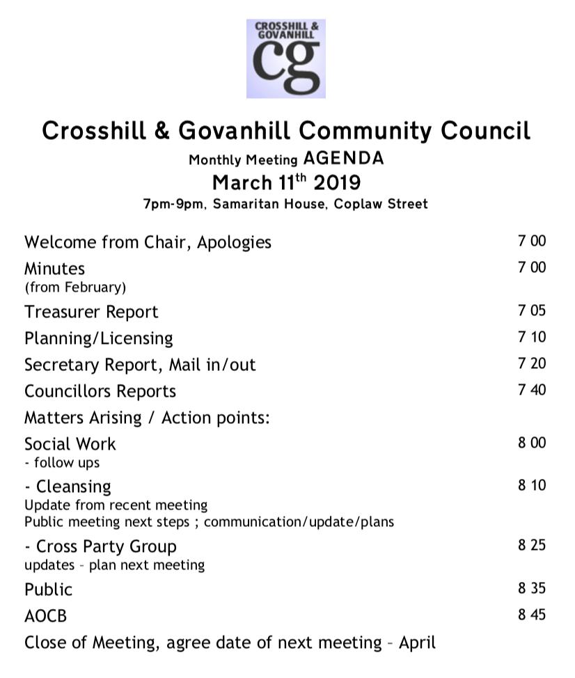 cgcommcouncil's tweet photo. Our next monthly meeting is Monday 11th March, 7pm-9pm - back at our usual venue - Samaritan House, Coplaw Street. https://t.co/0I7jkJO58S