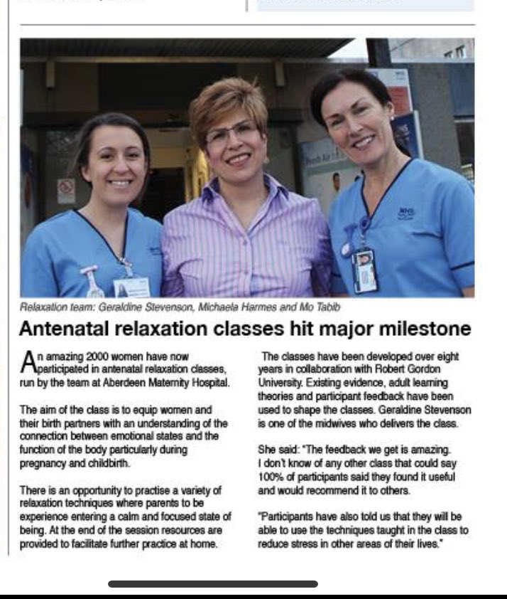 MidwivesRGU's tweet image. Congratulations @MTABIBRGU and team! 2000 women have now participated in relaxation classes! Article from @NHSGrampian UpFront news! 👏🏼 #collaboration #practicepartner @ScotlandRCM @RCMGrampian @RobertGordonUni @RGUNandM