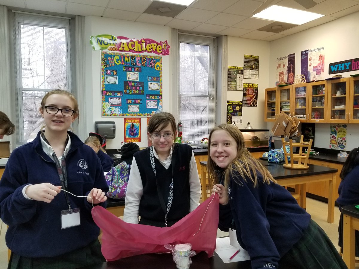 AcademySCI's tweet photo. Science class was egg-citing! Defying gravity to save an egg from being dropped down a flight  of stairs and out a window was the Seventh Class challenge today. They had to purchase a limited  materials to create their safety devices.  @ash1818 https://t.co/wQ71GV8ElG