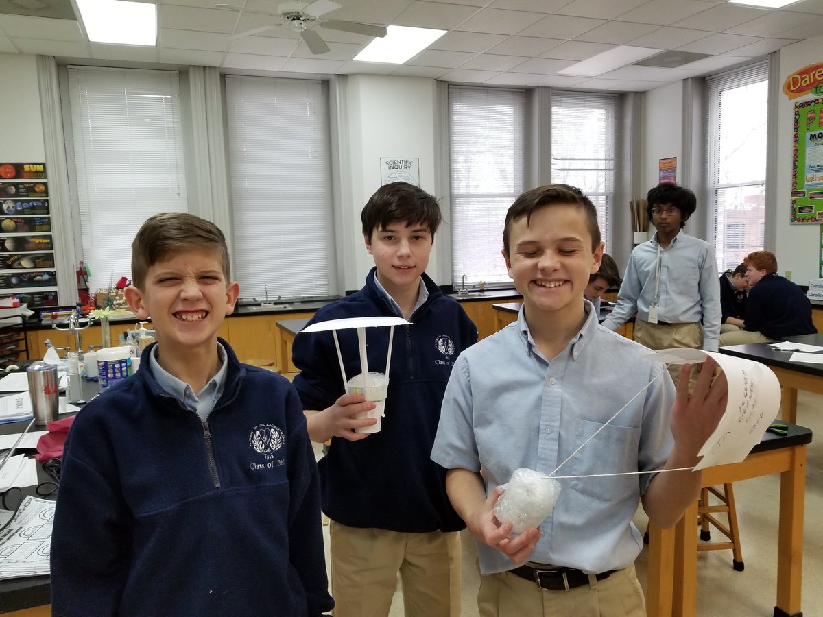 AcademySCI's tweet photo. Science class was egg-citing! Defying gravity to save an egg from being dropped down a flight  of stairs and out a window was the Seventh Class challenge today. They had to purchase a limited  materials to create their safety devices.  @ash1818 https://t.co/wQ71GV8ElG