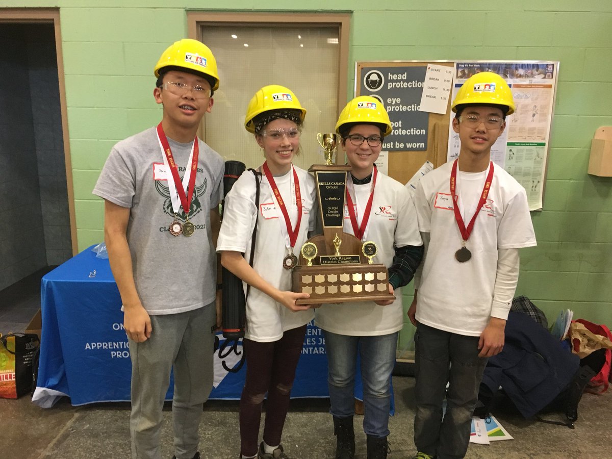 RHHSshowcase's tweet photo. Congratulations to all the grade 9 STEAM students that represented @RHHS_YRDSB at the @yrdsb_skills Design Challenge at the College of Carpenters and Allied Trades today, especially Julie, Lizzie, Jerry and Suyu who won GOLD. 👏🏅🏆@TeamRhhs https://t.co/KjZMmaQnJS
