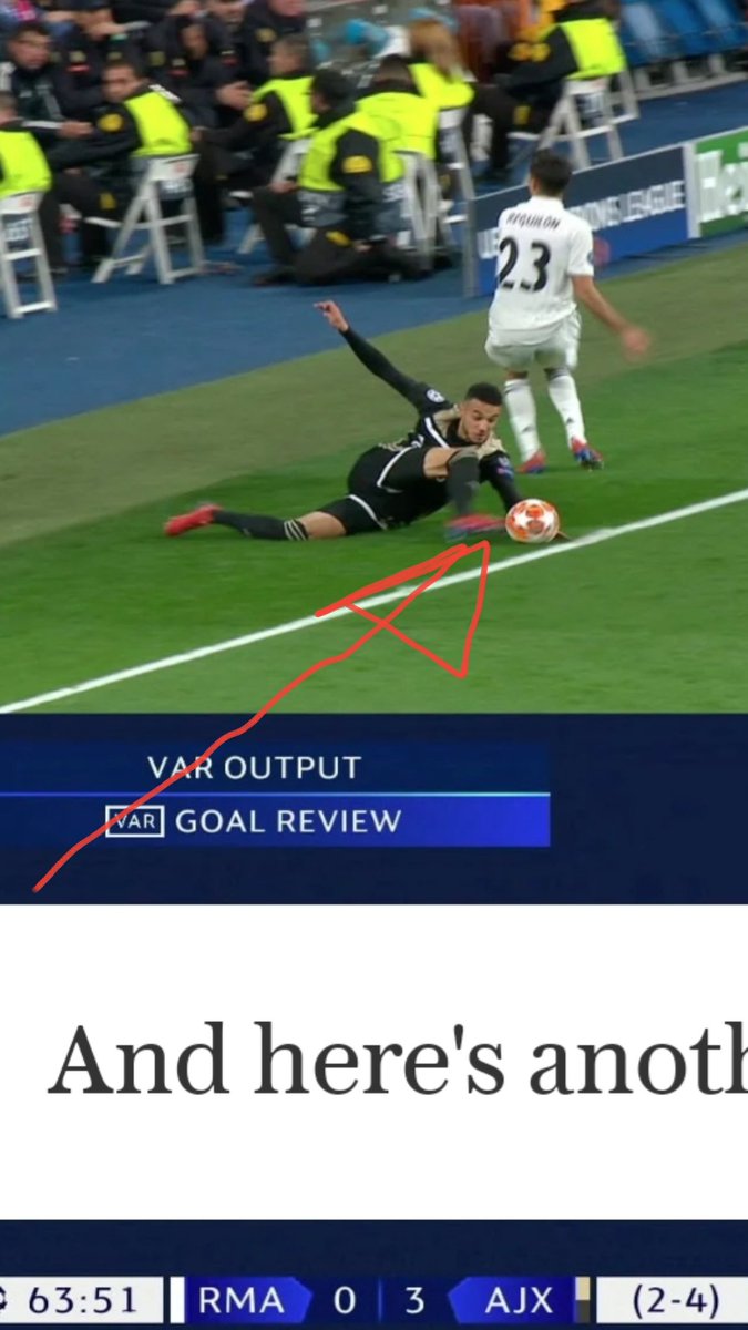 And the VAR review says the ball did not cross the line😂😂😂 @realmadriden vs @AFCAjax Like seriuously🤔🤔🤔🤔🤔 Who is playing blind here😎 i think VAR should represent Very Arrogant Refs..... @ntvuganda