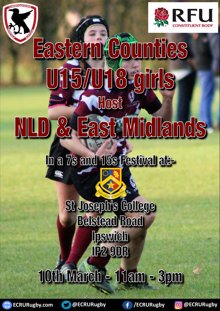It's going to be a great day for Girls Rugby this Sunday as the <a href="/ECRURUGBY/">Eastern Counties RU</a> U15 and U18 girls take on <a href="/EastMidsRugby/">East Midlands Rugby</a> and <a href="/nldrfu/">NLD RFU</a> Girls. Any girls interested in playing rugby get yourselves down to @MyStJos to see what it's all about and support the girls. KO 11am
#thisecgirlcan
