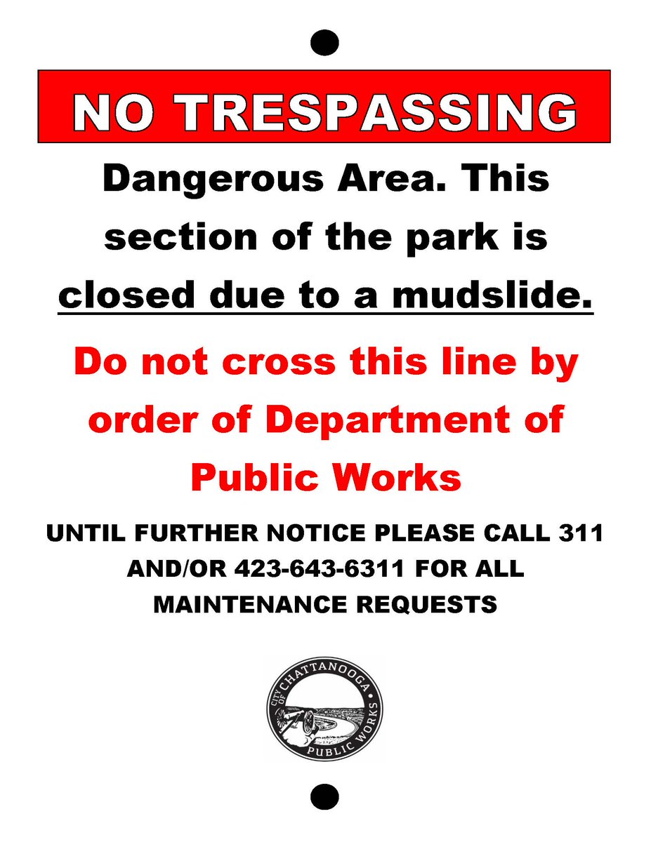 CHAPublicWorks's tweet photo. We ask that visitors of #StringersRidge Park pay attention to closure signs in parking areas and on trails. These signs and closures are in place for your safety #Chattanooga. #CHAPublicWorks has and will continue to monitor all other trails ahead of and throughout the weekend. https://t.co/7mJQ4I2Emg