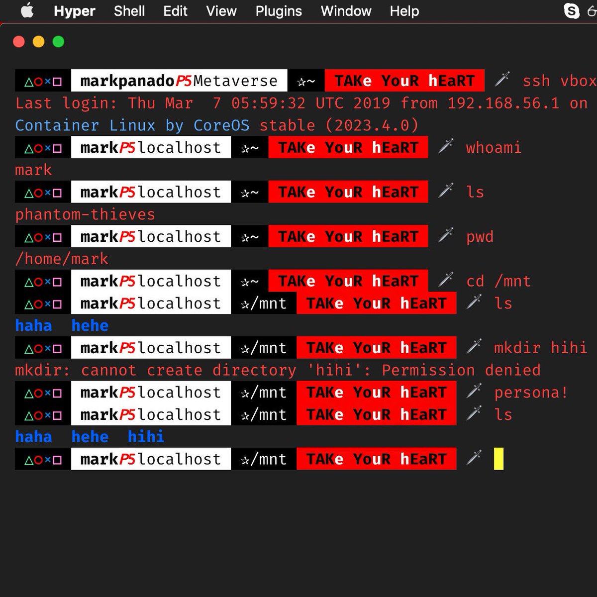 markpanado's tweet image. Persona 5 bash prompt  
#HyperTerminal #Persona5 #bash #ssh #atlus #takeyourheart