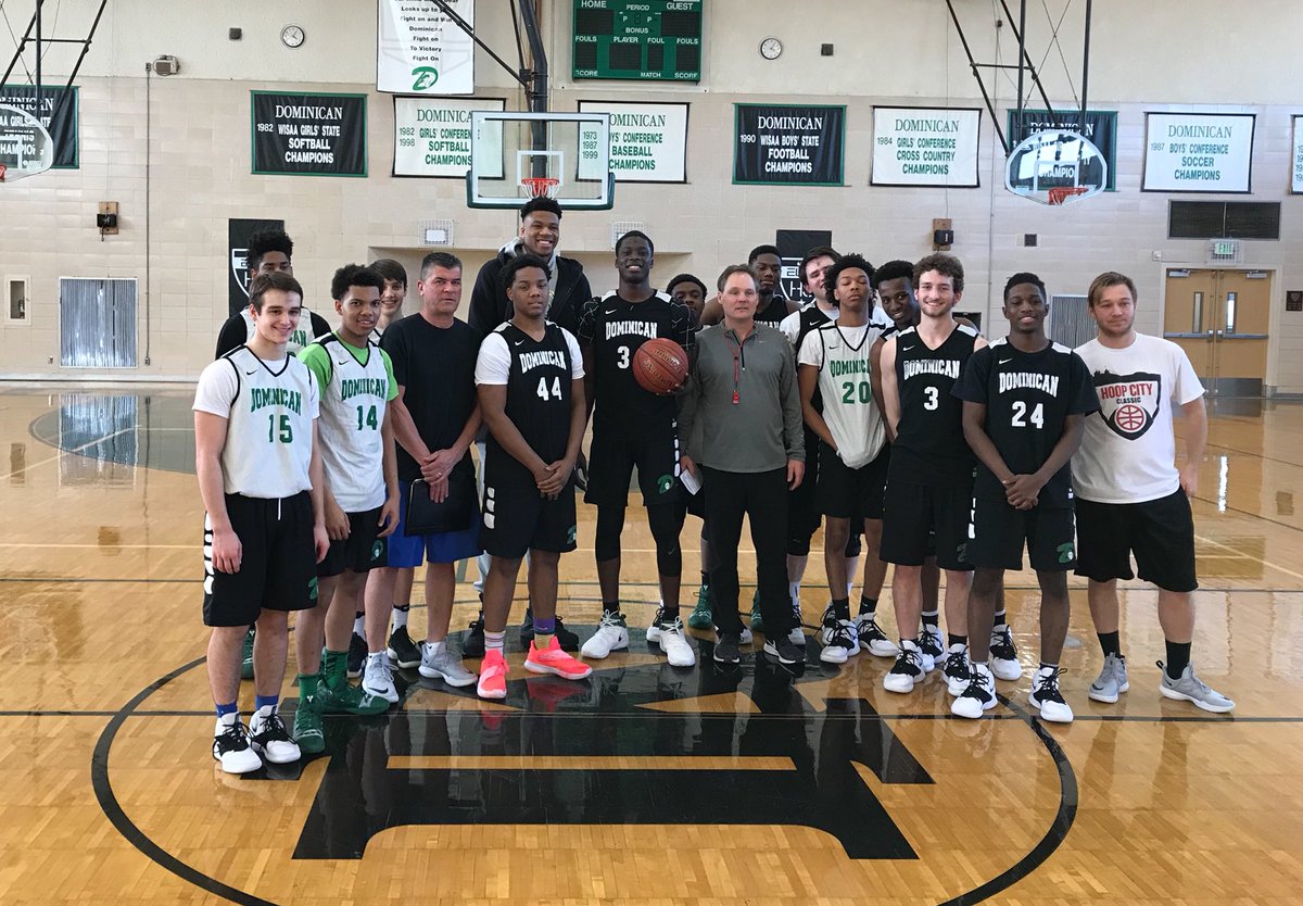 DominicanHS's tweet photo. @Bucks star @Giannis_An34 stopped by basketball practice to talk to his brother and our team before they play in the WIAA Sectional Semi-Final tonight. The main message: Never be satisfied. Thanks Giannis!! https://t.co/Uj1WfS5fBB