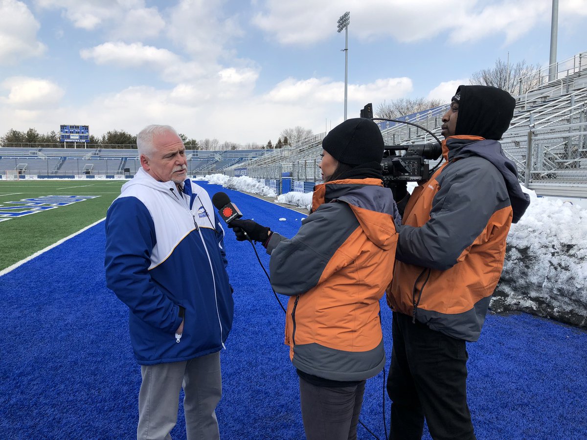 StephenGorchov's tweet photo. It’s not often you can get the true 🐐’s of #Hofstra Athletics in front of a camera but when @accuweather comes calling you give them Evan Malings and @CoachWeights! #RoarWithPride https://t.co/wlM0ZhQIp6
