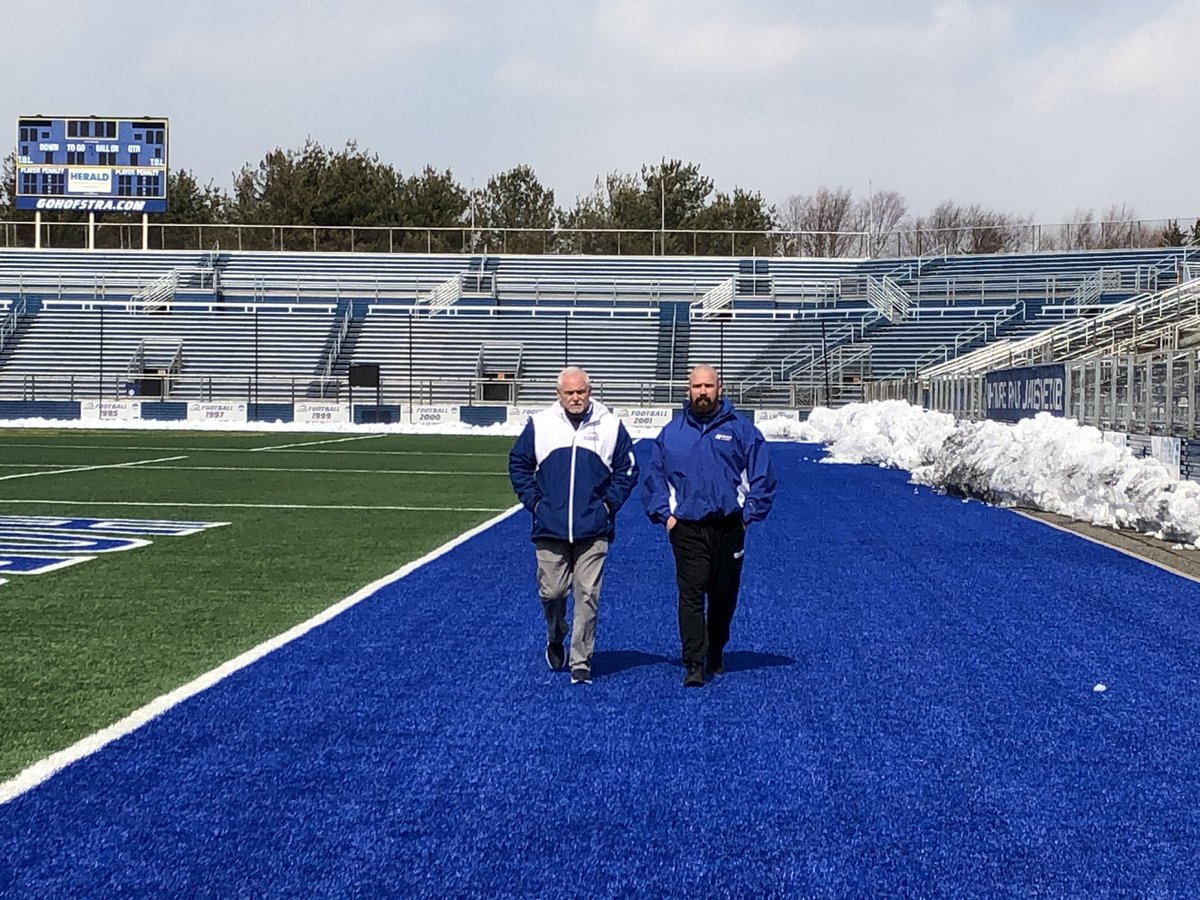 StephenGorchov's tweet photo. It’s not often you can get the true 🐐’s of #Hofstra Athletics in front of a camera but when @accuweather comes calling you give them Evan Malings and @CoachWeights! #RoarWithPride https://t.co/wlM0ZhQIp6