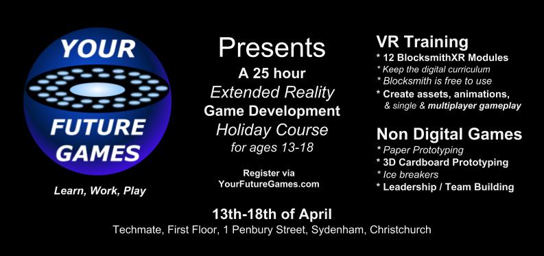 YourFutureGames's tweet photo. We are very excited to be delivering this XR Holiday Program in #Christchurch. The course includes 12 @BlocksmithXR modules, paper &amp; cardboard prototyping, etc.

Game and App development doesn't have to be all about sitting at a computer.

See https://t.co/pwhK5d6m9z for more. https://t.co/ibgPssYJaL