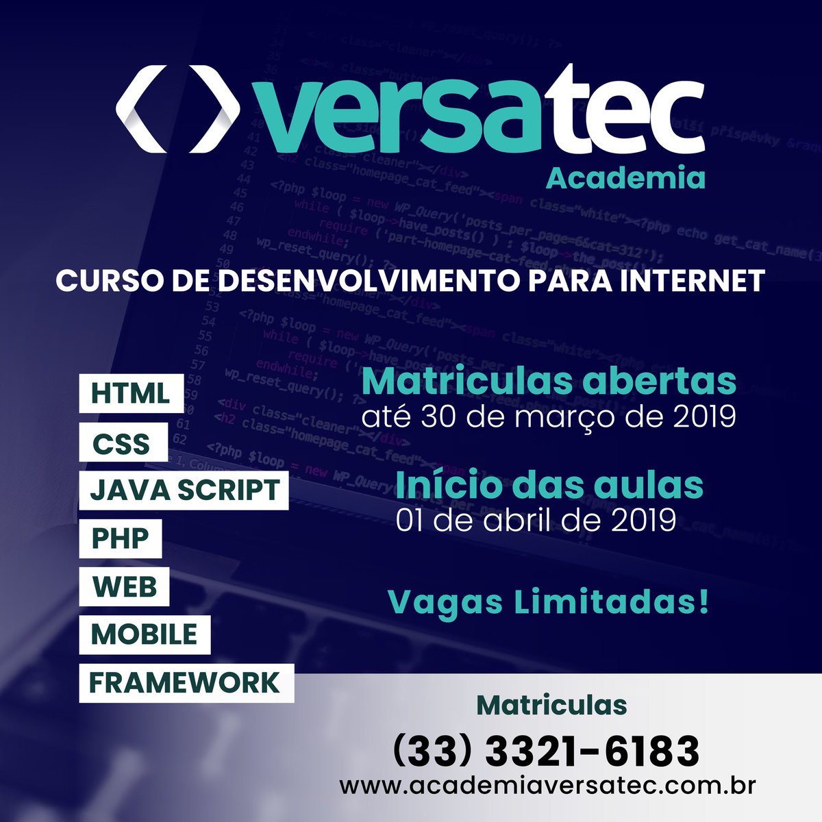 versatecoficial's tweet photo. Ainda da tempo de se inscrever para o curso do Versa Academia. Garanta sua vaga e junto um estágio na Versa! Inscrições até 30 de março.
.
Acesse: https://t.co/fRvSOzDgvB
Fale com a gente (33) 9.8818-6183 | comercial@versatecnologia.com.br
#versatec https://t.co/8oXDsxwykK