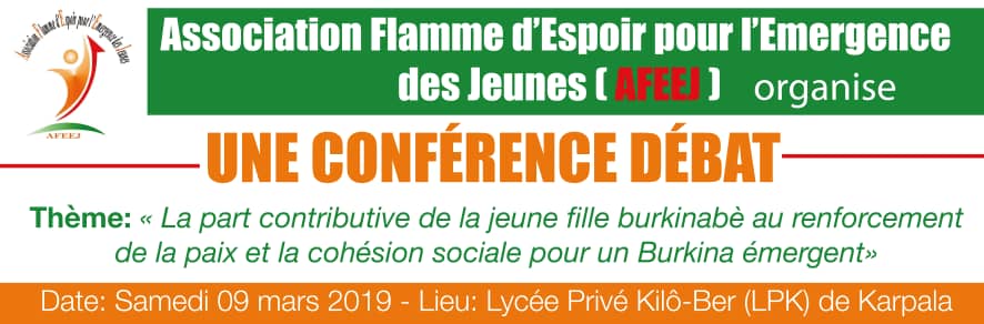 AFEEJ1's tweet photo. A l'occasion du 08 Mars 2019,l'AFEEJ organise une conférence sur le thème:"la part contributive dla jeune fille burkinabé au renforcement dla paix et dla cohésion sociale pour un Burkina émergent" dans 2 lycées de Ouagadougou et Bobo-dioulasso.
@NinaFatym @MikaOuedraogo @Thiomcy https://t.co/bFTTi4wJyU