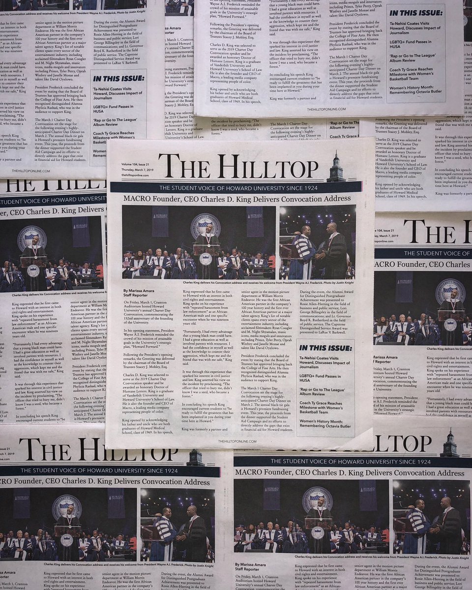 TheHilltopHU's tweet photo. Issue 21 is out now! Check out Charles D. King convocation address, Ta-Nehisi Coates visit to Howard, ‘Rap or Go to The League’ album review, the LGBTQ+ fund, and much more. Make sure you pick up a copy on campus before the start of spring break! #ForZora https://t.co/09nQkGYqad