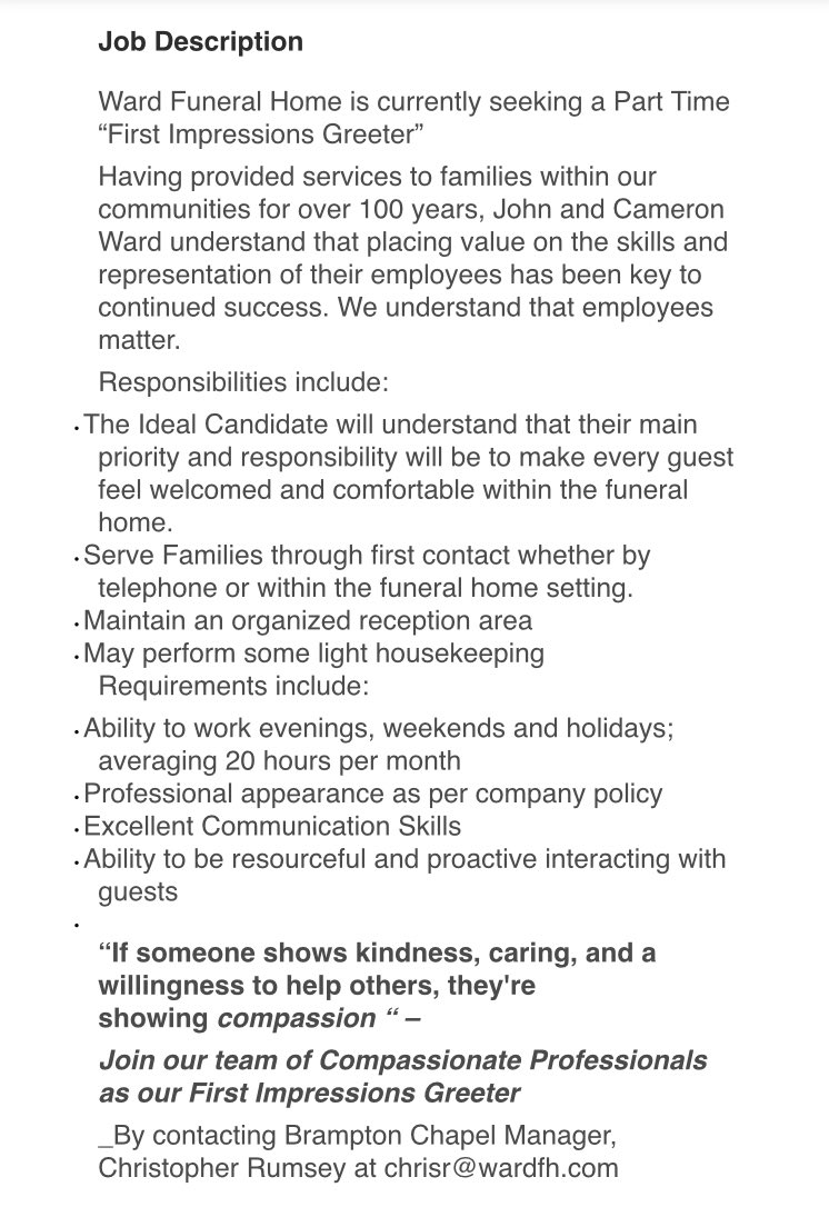 WardFuneralHome's tweet photo. We are looking to fill a position if you or someone you know is interested let us know! #TO #Jobs #jobposting https://t.co/MncTpmTCuZ
