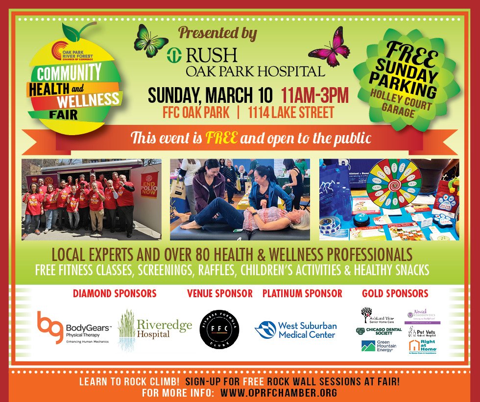 Enter to win a health and wellness goody bag at our booth on Sunday 3/7 at the #2019oprfhealthandwellnessfair #oakpark #riverforest with the <a href="/oprfchamber/">OPRF Chamber</a> at FFC Health Club in Oak Park! Fun for everyone with over 100 vendors!