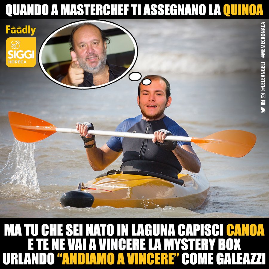LeleAngeli's tweet photo. "Quinoa"? "Canoa"?! L'importante è... andare a vincere la #MysteryBox! 🛶😎😉@MasterChef_it 
#memecronaca #divanofuudly #chefdonnasiggi #MasterChefIt
@Fuudly @divanofuudly https://t.co/EZYsxcW3rp