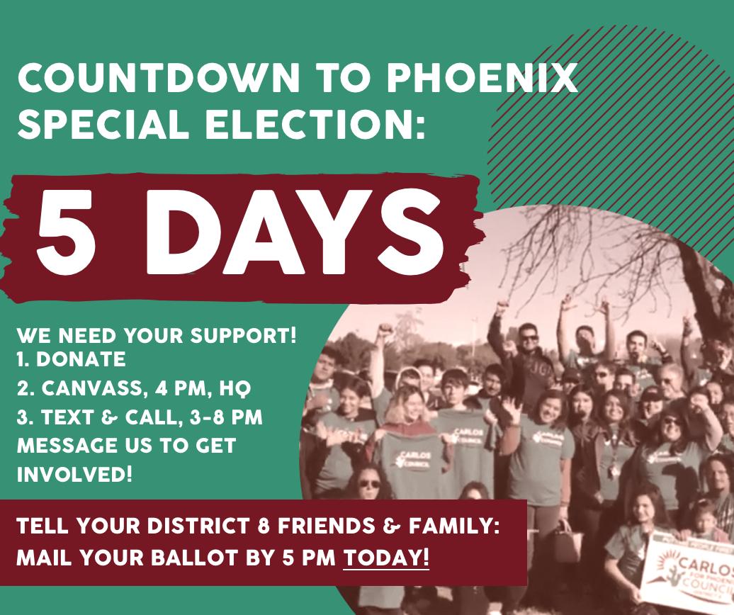 carlosforphx's tweet photo. Only 5 days left! Your ballot needs to be in the mail BEFORE 5 PM today - otherwise, you'll need to drop it off in person. #CarlosforPhoenix https://t.co/vHq3EkljJt
