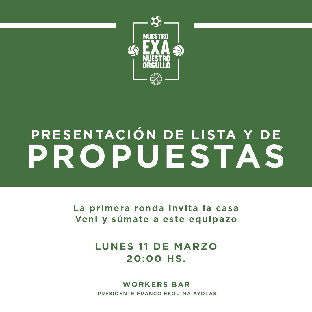 exacristorey's tweet photo. Te invitamos a la presentación oficial de propuestas y candidatos de #NuestroExaNuestroOrgullo 💚

Te esperamos para conversar, debatir y compartir lo que juntos podemos construir para nuestro querido exa.

La primera ronda invita la casa 🍺😉 https://t.co/oH5GPjwFtR