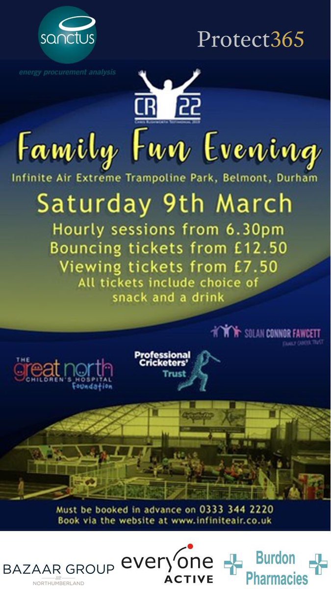 Rushworth2019's tweet photo. 🚨🕐COUNTDOWN 🕚🚨
Less than 4️⃣8️⃣HOURS TO GO TO OUR FIRST EVENT 

Chris Rushworth Testimonial 2019 starts with a family fun evening at @infiniteairuk Durham. Everyone Welcome. Book online NOW. 

@ChrisRush22 is supporting some wonderful charities in his testimonial year. https://t.co/1FqQECyPyN