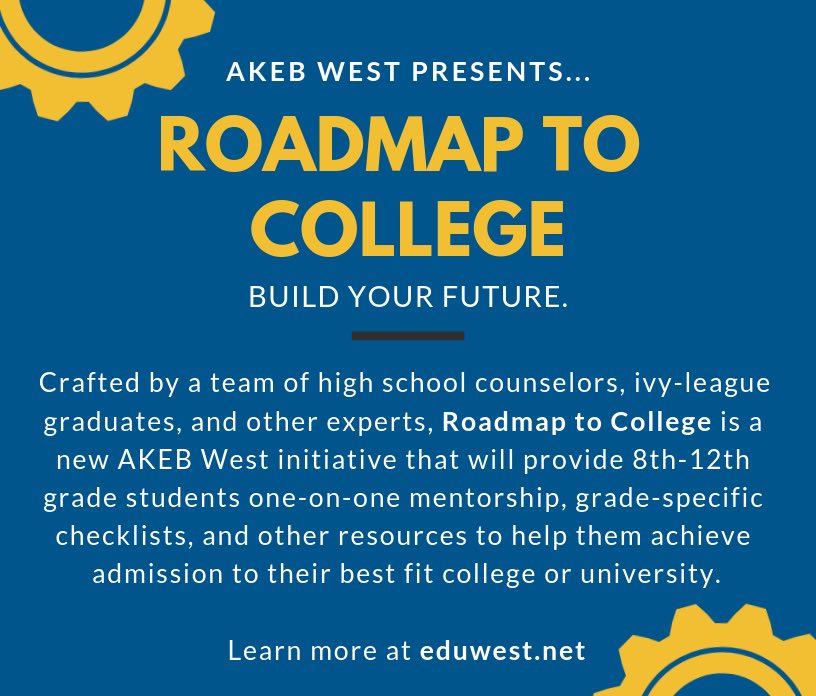 NCE_USA's tweet photo. AKEB West is excited to launch Roadmap to College, a program that will equip high school students with comprehensive checklists, mentors, and resources to navigate the path to their best-fit college or university. Mentor apps are now being accepted, visit https://t.co/Pt6BDB8lLa https://t.co/5Eq1z4R7PI