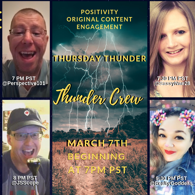 Thursday Thunder bringing some serious NOIZE tonight. Rumble baby Rumble! Let's celebrate the weekend early! Join us tonight on #Periscope at 7PM PST March 7th! Brought to you by the #ThunderCrew
