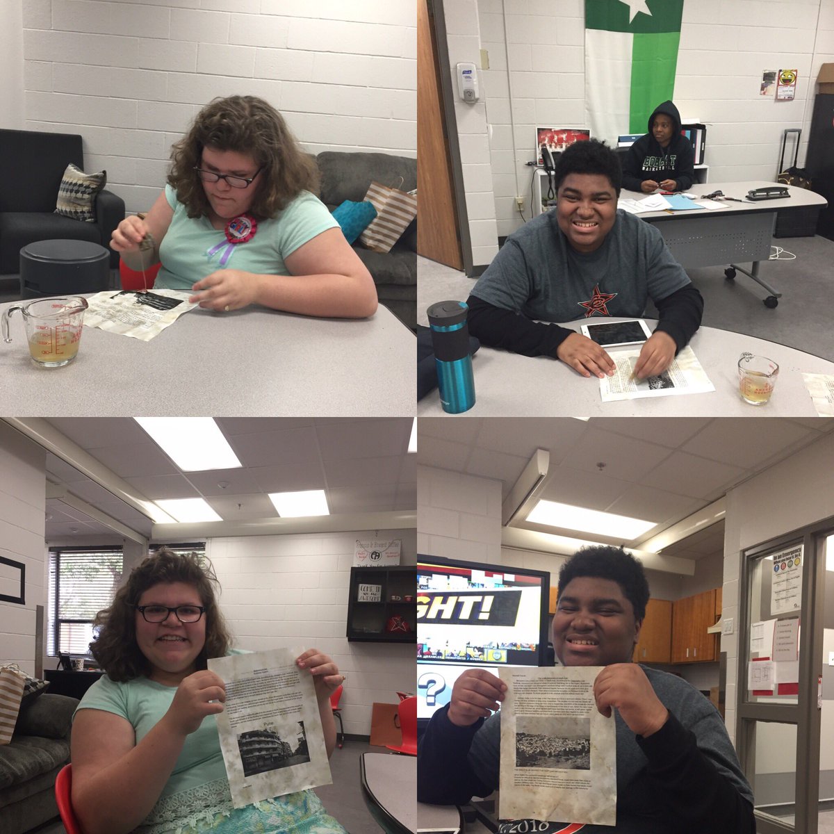 Aging paper with tea leaves for articles they wrote for World Geography that explain monsoons in South Asia. #CHS9Family