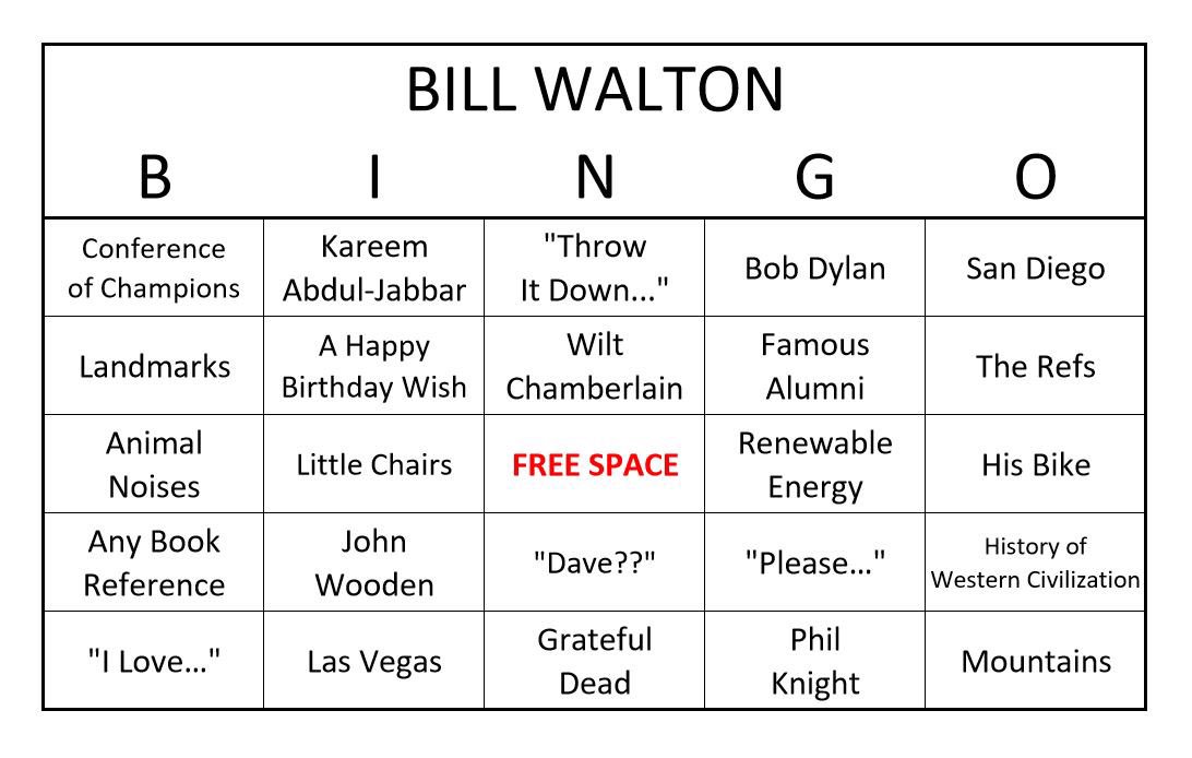 WaltonsWorldCBB's tweet photo. @DavePasch will be playing  @BillWalton bingo tonight during the @UCLAMBB vs @CUBuffsMBB at 9 ET on ESPN2! #PlayAlong #WaltonsWorld #UCLAvsCU https://t.co/2lw1rKanAM